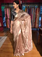 Chocolate Brown Tussar tissue silk saree with Beautiful Zari border - Image 2