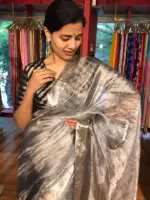 Ice Blue Tussar tissue silk saree with Beautiful Zari border - Image 3