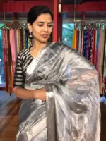 Ice Blue Tussar tissue silk saree with Beautiful Zari border