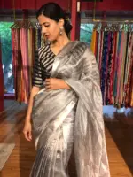 Ice Blue Tussar tissue silk saree with Beautiful Zari border - Image 5