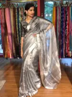 Ice Blue Tussar tissue silk saree with Beautiful Zari border - Image 2