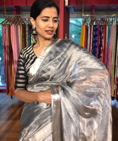 Ice Blue Tussar tissue silk saree with Beautiful Zari border