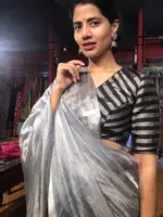 Ice Blue Tussar tissue silk saree with Beautiful Zari border - Image 4