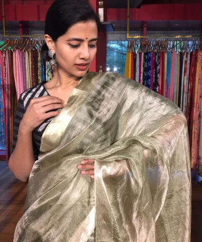 Green Tussar tissue silk saree with Beautiful Zari border
