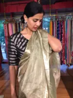 Green Tussar tissue silk saree with Beautiful Zari border - Image 6