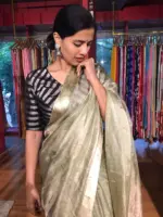 Green Tussar tissue silk saree with Beautiful Zari border - Image 5