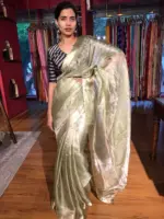 Green Tussar tissue silk saree with Beautiful Zari border - Image 2