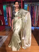 Green Tussar tissue silk saree with Beautiful Zari border - Image 3