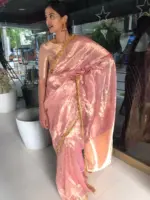 Baby Pink Tissue Silk Saree with Gota Border Detailing - Image 5