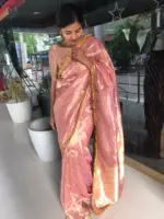 Baby Pink Tissue Silk Saree with Gota Border Detailing - Image 4