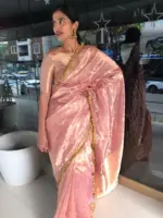 Baby Pink Tissue Silk Saree with Gota Border Detailing - Image 2
