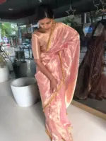 Baby Pink Tissue Silk Saree with Gota Border Detailing - Image 3