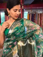Green Organza Silk Saree with Kanchi Zari Border