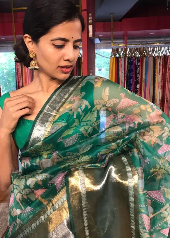 Green Organza Silk Saree with Kanchi Zari Border