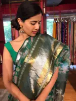 Green Organza Silk Saree with Kanchi Zari Border - Image 3