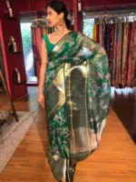 Green Organza Silk Saree with Kanchi Zari Border - Image 4