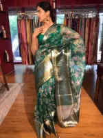 Green Organza Silk Saree with Kanchi Zari Border - Image 5