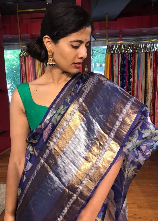 Royal Blue Printed Organza Silk Saree with Kanchi Zari Weaves