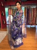 Royal Blue Printed Organza Silk Saree with Kanchi Zari Weaves - Image 6