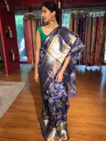 Royal Blue Printed Organza Silk Saree with Kanchi Zari Weaves - Image 4