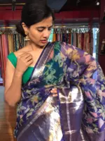 Royal Blue Printed Organza Silk Saree with Kanchi Zari Weaves - Image 5