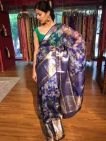 Royal Blue Printed Organza Silk Saree with Kanchi Zari Weaves - Image 2