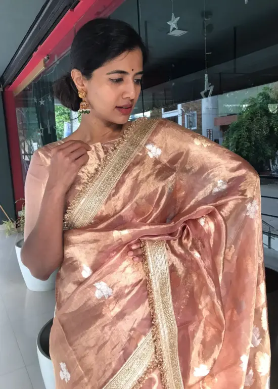 Dusty Pink Tissue Silk Saree with Handwoven Kadhwa Zari Buttis highlighted with Embroidery Detailing