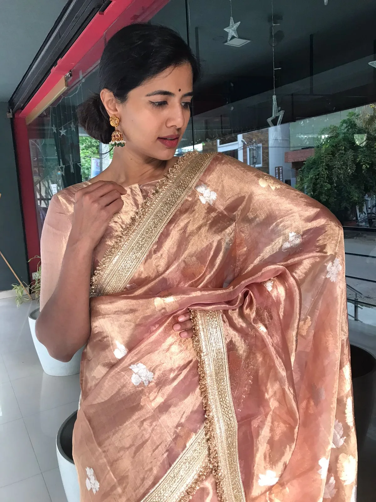 Dusty Pink Tissue Silk Saree with Handwoven Kadhwa Zari Buttis highlighted with Embroidery Detailing - Image 1