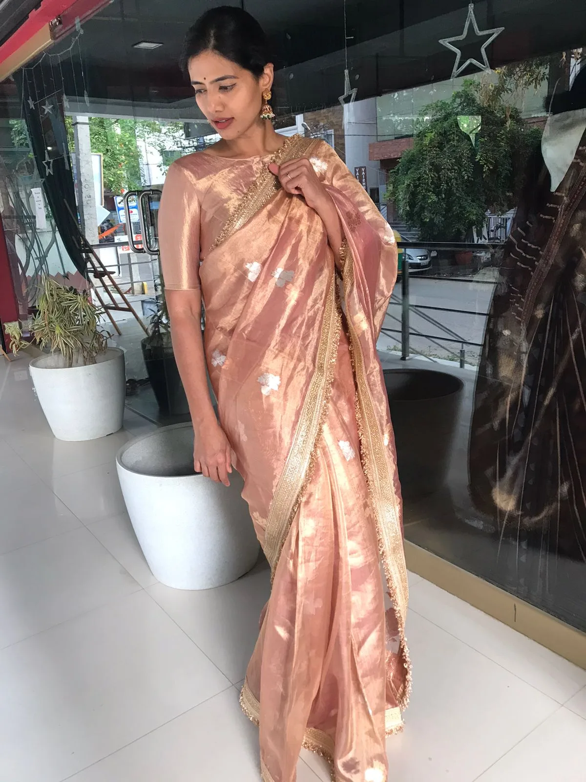 Dusty Pink Tissue Silk Saree with Handwoven Kadhwa Zari Buttis highlighted with Embroidery Detailing - Image 6