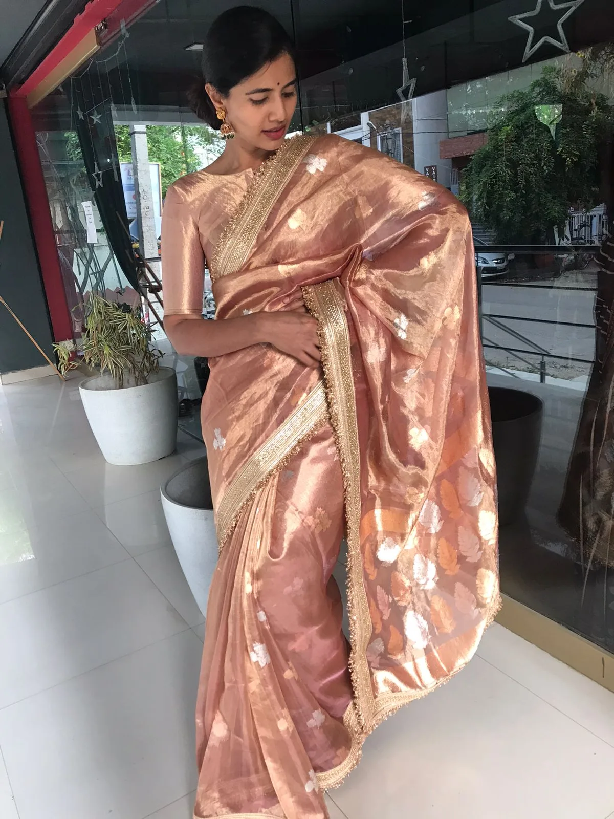 Dusty Pink Tissue Silk Saree with Handwoven Kadhwa Zari Buttis highlighted with Embroidery Detailing - Image 7