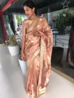 Dusty Pink Tissue Silk Saree with Handwoven Kadhwa Zari Buttis highlighted with Embroidery Detailing - Image 2