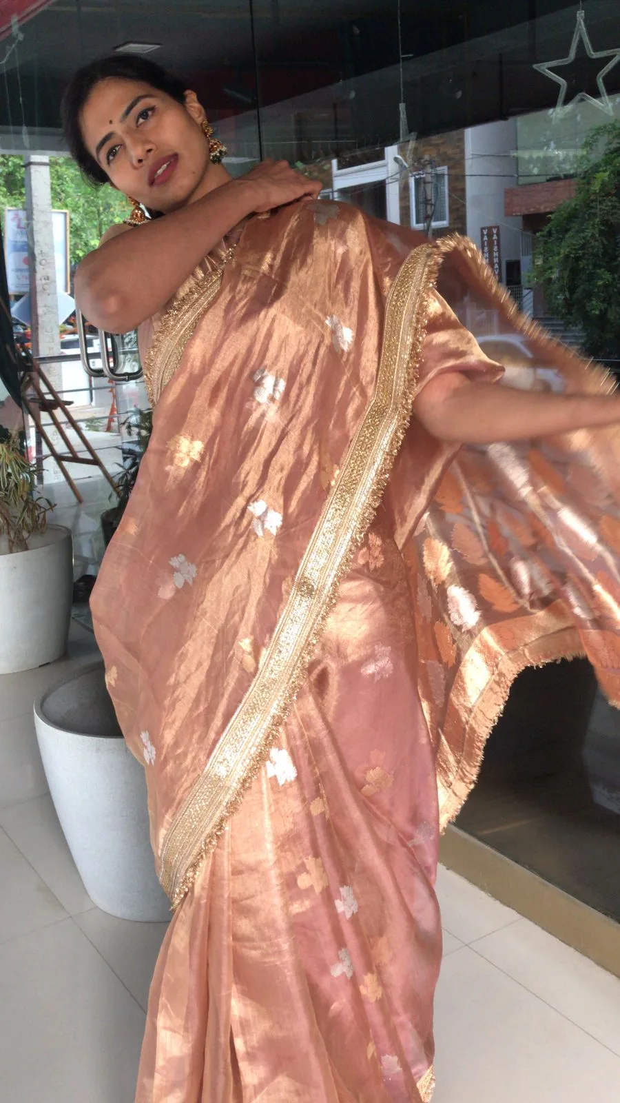 Dusty Pink Tissue Silk Saree with Handwoven Kadhwa Zari Buttis highlighted with Embroidery Detailing - Image 8