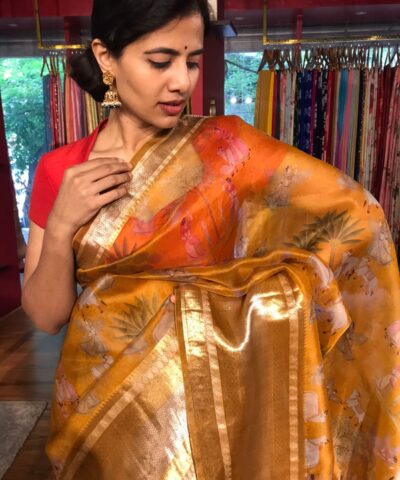 Mustard Yellow Organza Silk Saree with Kanchi Zari Border