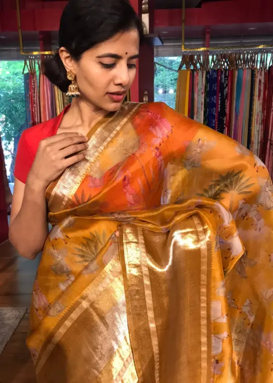 Mustard Yellow Organza Silk Saree with Kanchi Zari Border