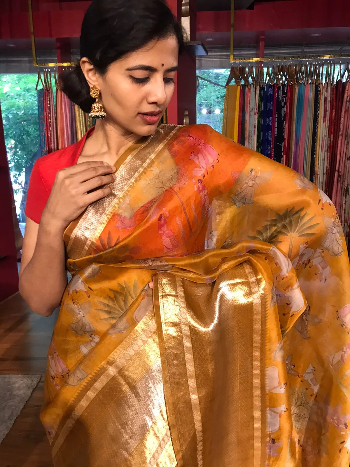 Mustard Yellow Organza Silk Saree with Kanchi Zari Border - Image 1