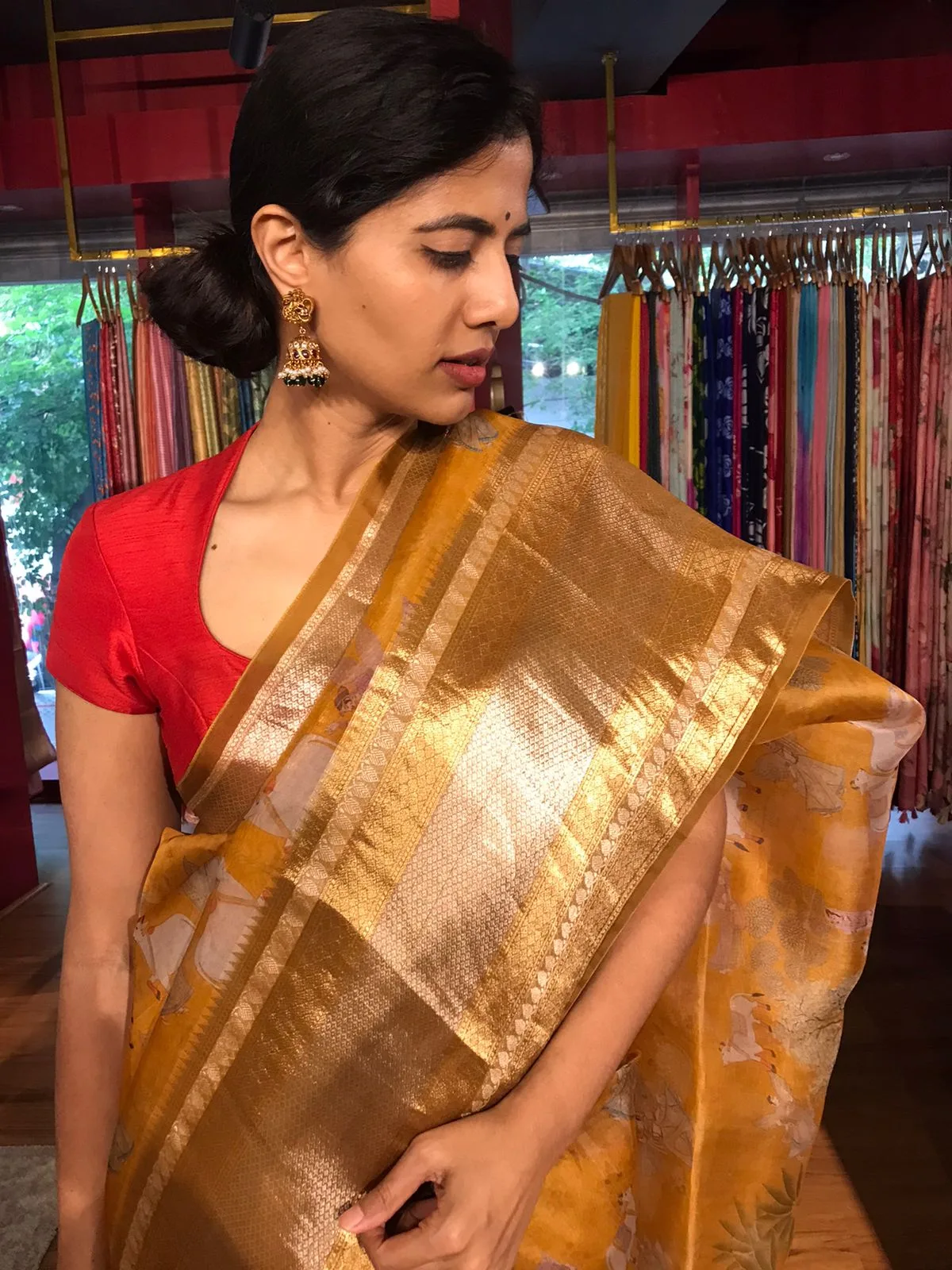 Mustard Yellow Organza Silk Saree with Kanchi Zari Border - Image 4