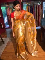 Mustard Yellow Organza Silk Saree with Kanchi Zari Border - Image 2