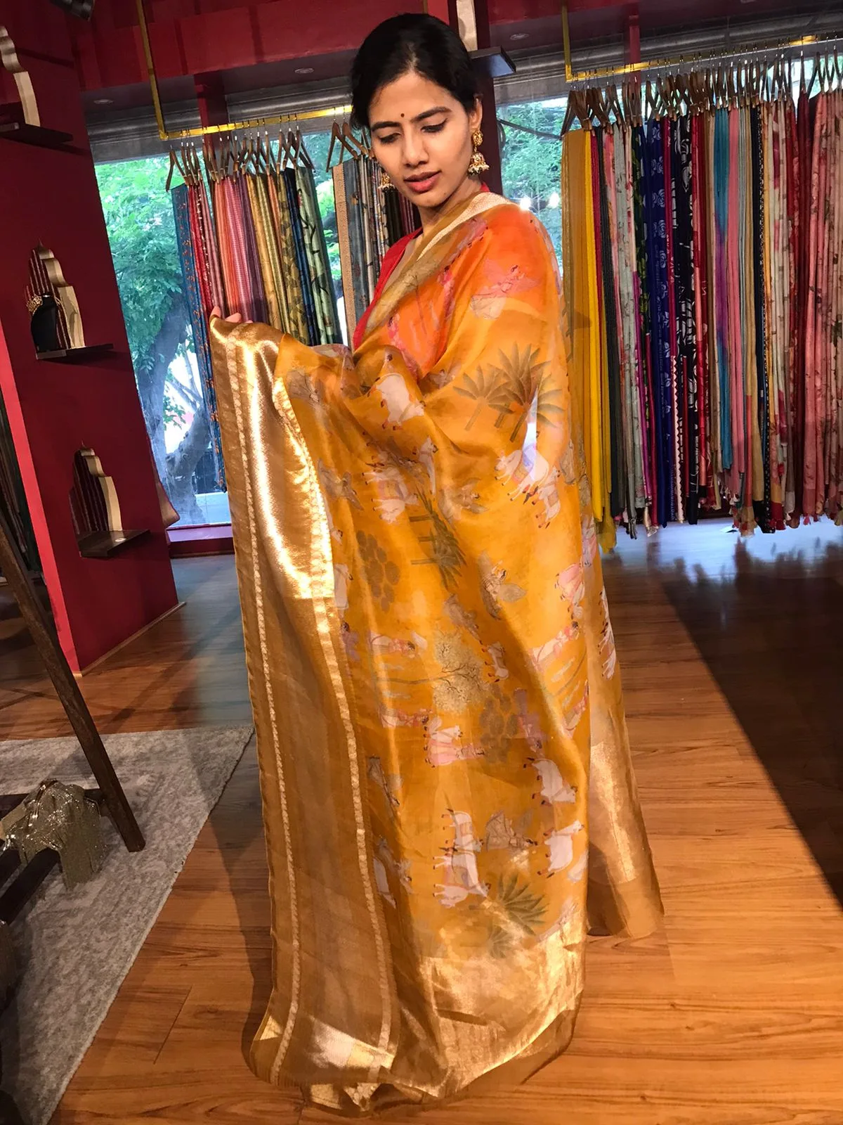 Mustard Yellow Organza Silk Saree with Kanchi Zari Border - Image 5