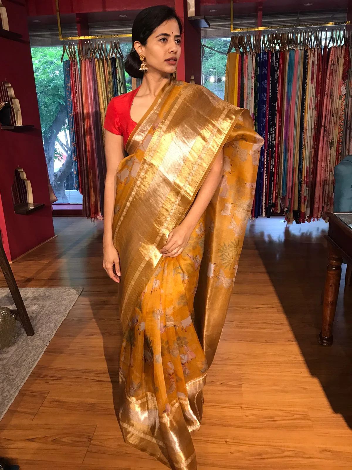 Mustard Yellow Organza Silk Saree with Kanchi Zari Border - Image 3