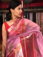 Pink Printed Organza Silk Saree highlighted with Kanchi Silk Zari Border