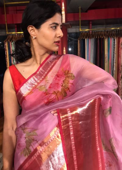 Pink Printed Organza Silk Saree highlighted with Kanchi Silk Zari Border