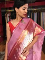 Pink Printed Organza Silk Saree highlighted with Kanchi Silk Zari Border - Image 6
