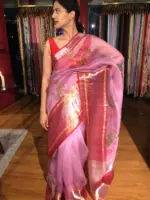 Pink Printed Organza Silk Saree highlighted with Kanchi Silk Zari Border - Image 2