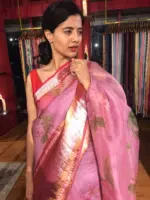 Pink Printed Organza Silk Saree highlighted with Kanchi Silk Zari Border - Image 4