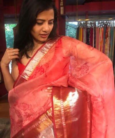 Red Organza Silk Saree with Kanchi Zari Border