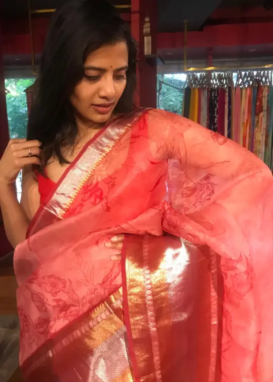 Red Organza Silk Saree with Kanchi Zari Border