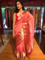 Red Organza Silk Saree with Kanchi Zari Border - Image 5