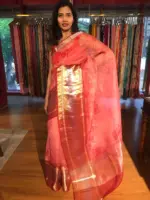 Red Organza Silk Saree with Kanchi Zari Border - Image 2
