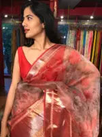 Red Organza Silk Saree with Kanchi Zari Border - Image 4