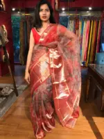 Red Organza Silk Saree with Kanchi Zari Border - Image 5